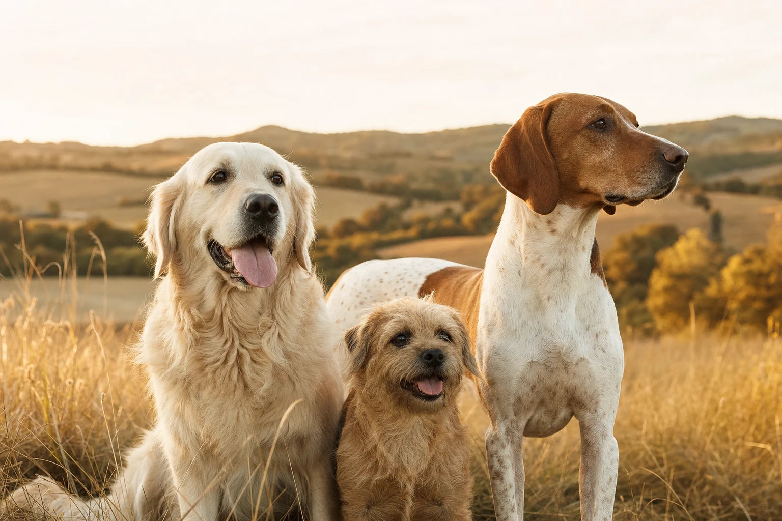 Dogs in a sunlit field