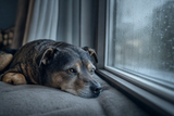 A calm, healthy-coated dog resting peacefully by a rain-streaked window in cool blue-hour light, finally at ease and itch-free