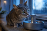 A grey tabby cat drinking from a silver pet fountain in cool blue-hour window light