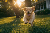 A golden retriever puppy bounding joyfully across a sunlit backyard at golden hour