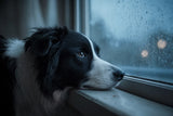 A calm border collie resting its chin on a windowsill at blue hour, gazing out at the rain with a relieved expression
