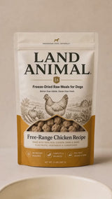 Land Animal Free-Range Chicken freeze-dried raw dog food poured into a bowl