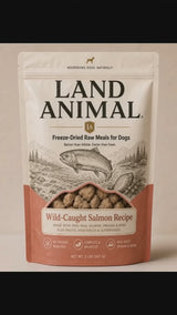 Land Animal Wild-Caught Salmon freeze-dried raw dog food poured into a bowl